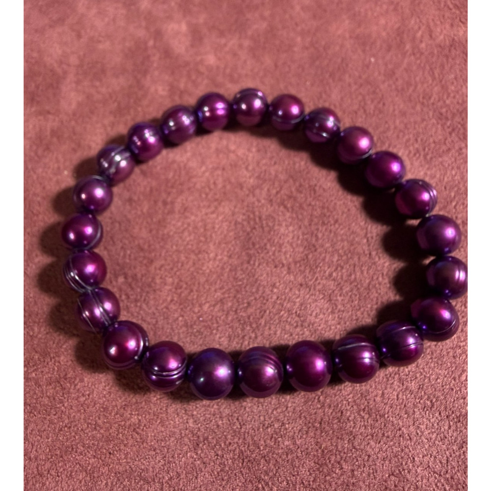 Genuine Cultured Freshwater Ringed Pearl Stretch Bracelet Purple 5mm Women’s 7” - Picture 6 of 7
